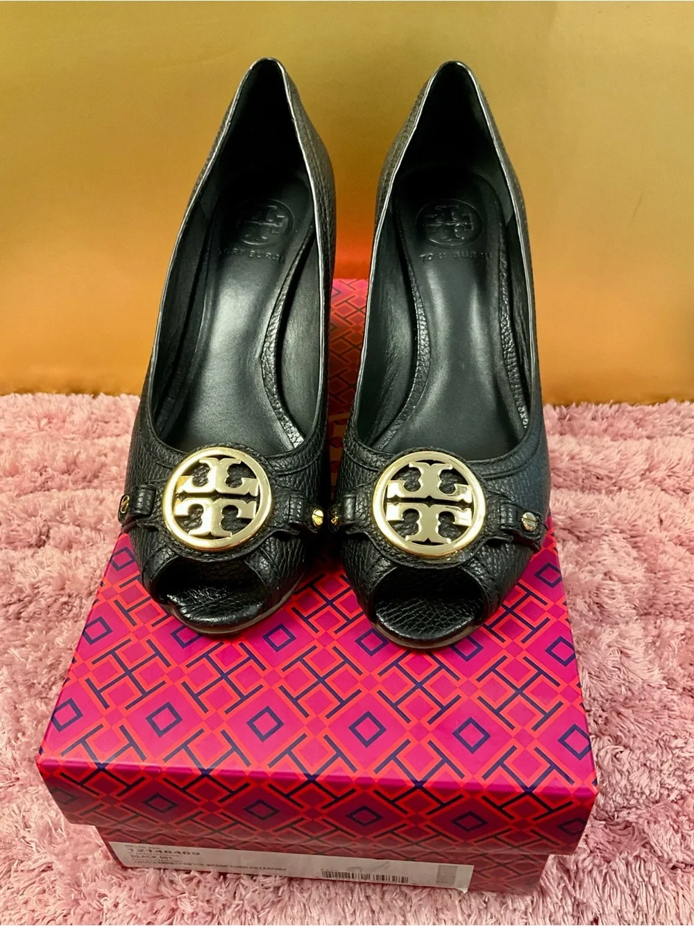 Tory Burch Black Peep-Toe Leather Pumps with Gold Logo Medallion